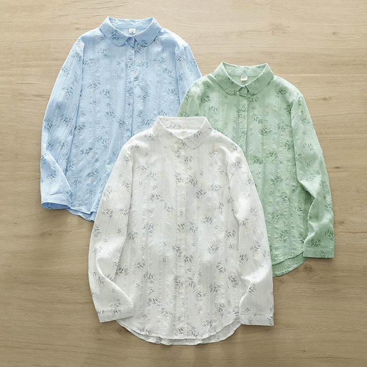 Buddha Stones, Herbst, weiße und gelbe Blumen, grüne Blätter, Knöpfe, Damen-Baumwoll-Langarmshirt - image 13