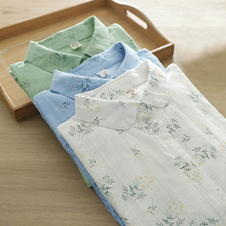 Buddha Stones, Herbst, weiße und gelbe Blumen, grüne Blätter, Knöpfe, Damen-Baumwoll-Langarmshirt - image 14