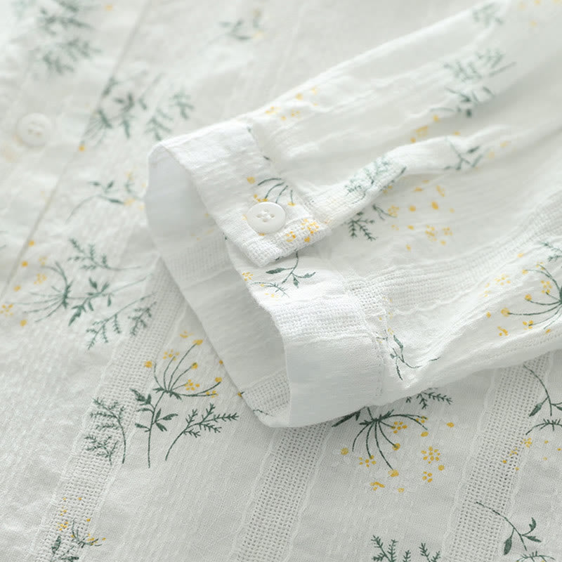 Buddha Stones, Herbst, weiße und gelbe Blumen, grüne Blätter, Knöpfe, Damen-Baumwoll-Langarmshirt - image 7