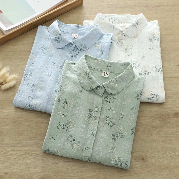Buddha Stones, Herbst, weiße und gelbe Blumen, grüne Blätter, Knöpfe, Damen-Baumwoll-Langarmshirt - image 0