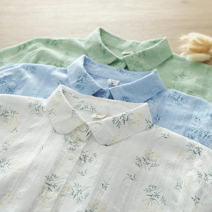 Buddha Stones, Herbst, weiße und gelbe Blumen, grüne Blätter, Knöpfe, Damen-Baumwoll-Langarmshirt - image 15