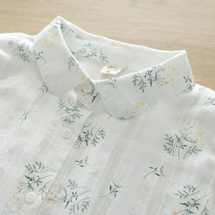 Buddha Stones, Herbst, weiße und gelbe Blumen, grüne Blätter, Knöpfe, Damen-Baumwoll-Langarmshirt - image 3