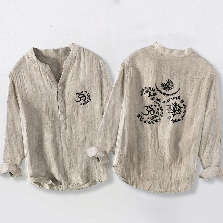 Herren-Langarmhemd aus Baumwoll-Leinen-Mischgewebe mit Buddha Stones, Om-Symbol, Mantra-Lotusmuster und halben Knöpfen (Om-Symbol, Lotusmuster). - Leinen - US/ UK/AU50, EU60 (5XL) - image 0