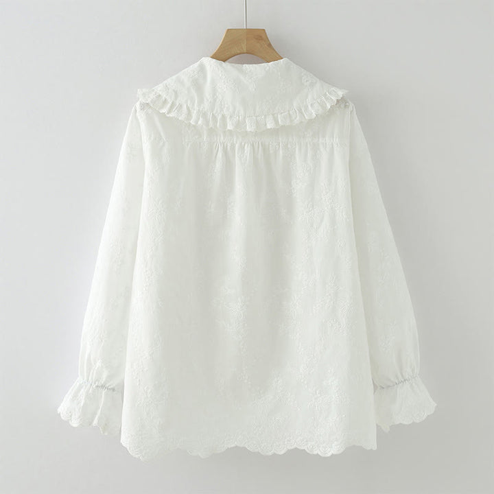 Buddha Stones ​​Herbstweiße Blumenstickerei Peter-Pan-Kragenknöpfe Damen Baumwoll-Langarmshirt - image 3