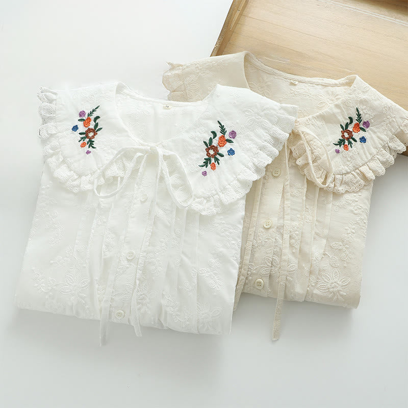 Buddha Stones ​​Herbstweiße Blumenstickerei Peter-Pan-Kragenknöpfe Damen Baumwoll-Langarmshirt - image 11