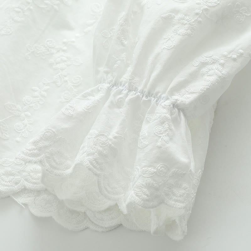 Buddha Stones ​​Herbstweiße Blumenstickerei Peter-Pan-Kragenknöpfe Damen Baumwoll-Langarmshirt - image 9