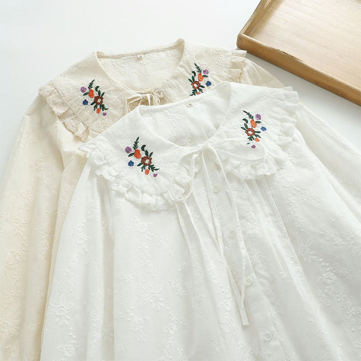 Buddha Stones ​​Herbstweiße Blumenstickerei Peter-Pan-Kragenknöpfe Damen Baumwoll-Langarmshirt - image 12