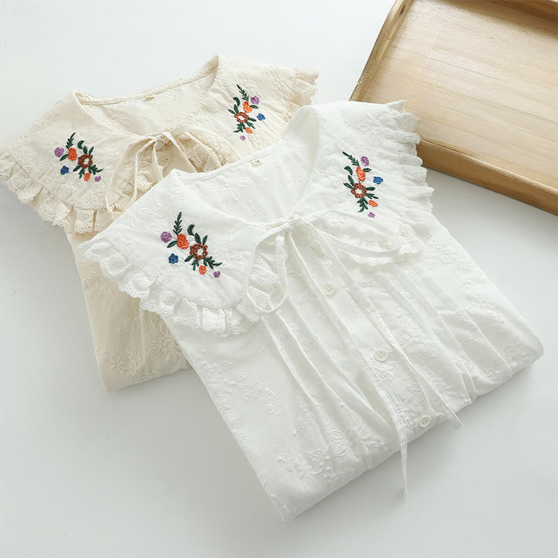 Buddha Stones ​​Herbstweiße Blumenstickerei Peter-Pan-Kragenknöpfe Damen Baumwoll-Langarmshirt - image 10