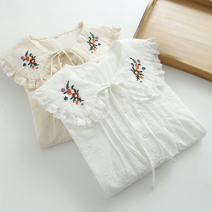 Buddha Stones ​​Herbstweiße Blumenstickerei Peter-Pan-Kragenknöpfe Damen Baumwoll-Langarmshirt - image 10