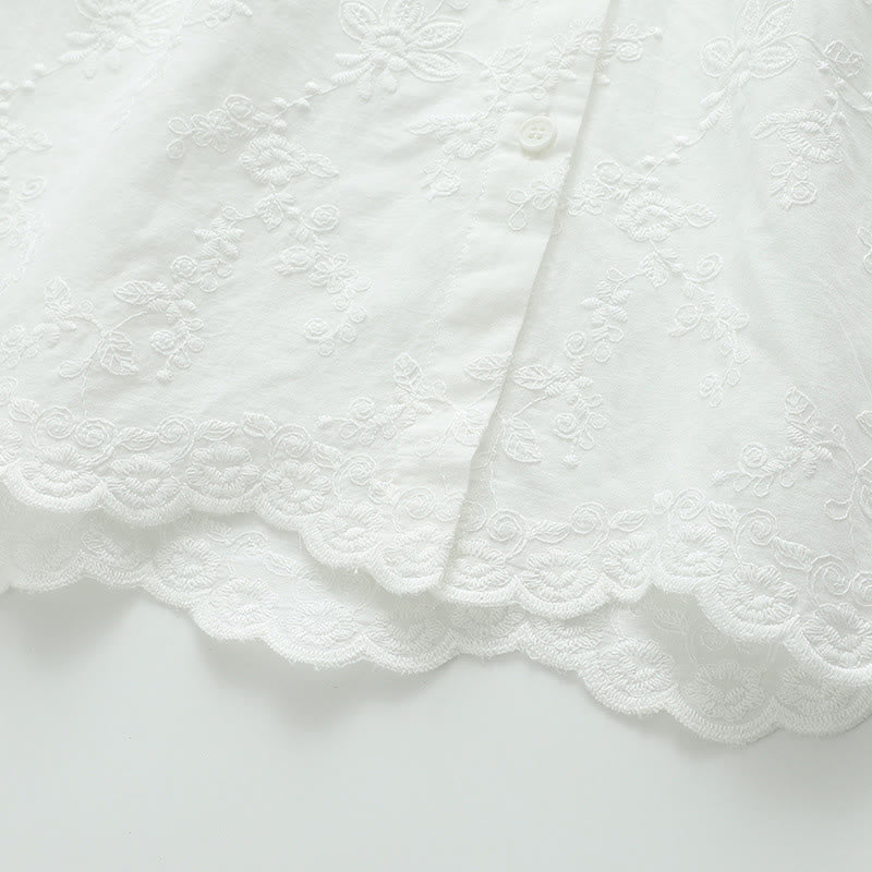 Buddha Stones ​​Herbstweiße Blumenstickerei Peter-Pan-Kragenknöpfe Damen Baumwoll-Langarmshirt - image 8