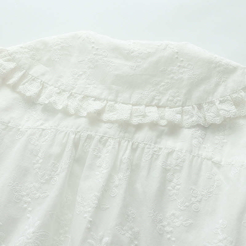 Buddha Stones ​​Herbstweiße Blumenstickerei Peter-Pan-Kragenknöpfe Damen Baumwoll-Langarmshirt - image 5