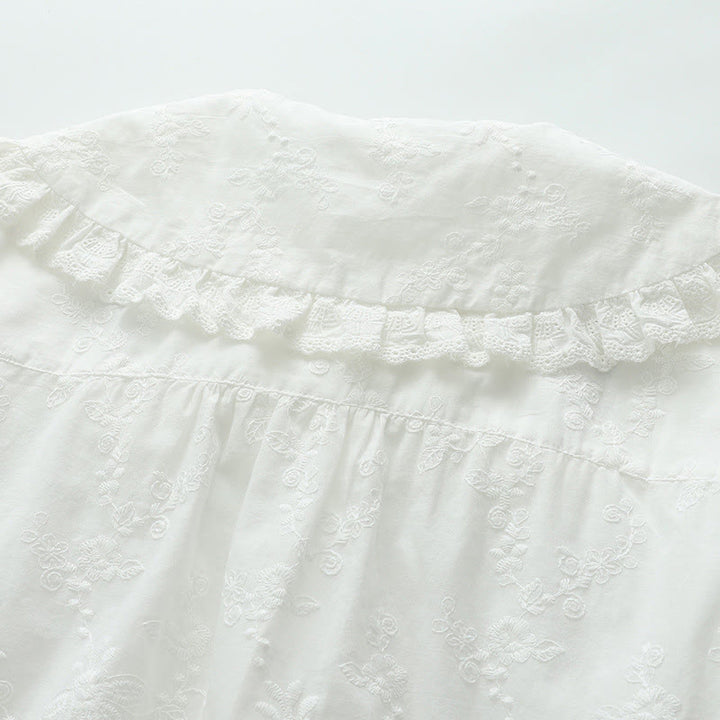 Buddha Stones ​​Herbstweiße Blumenstickerei Peter-Pan-Kragenknöpfe Damen Baumwoll-Langarmshirt - image 5