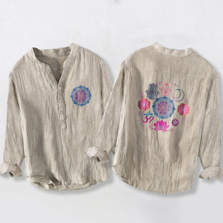 Buddha Stones Mandala-Om-Lotus-Hamsa-Hände-Halbknopf-Herren-Langarmhemd aus Baumwollleinen - Leinen - US/ UK/AU50, EU60 (5XL) - image 3