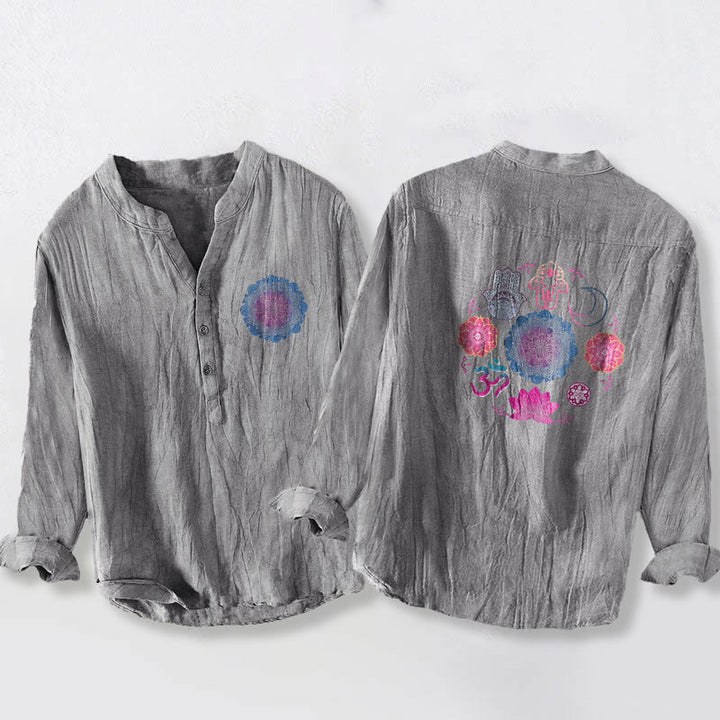 Buddha Stones Mandala-Om-Lotus-Hamsa-Hände-Halbknopf-Herren-Langarmhemd aus Baumwollleinen - Grau - US/ UK/AU50, EU60 (5XL) - image 6