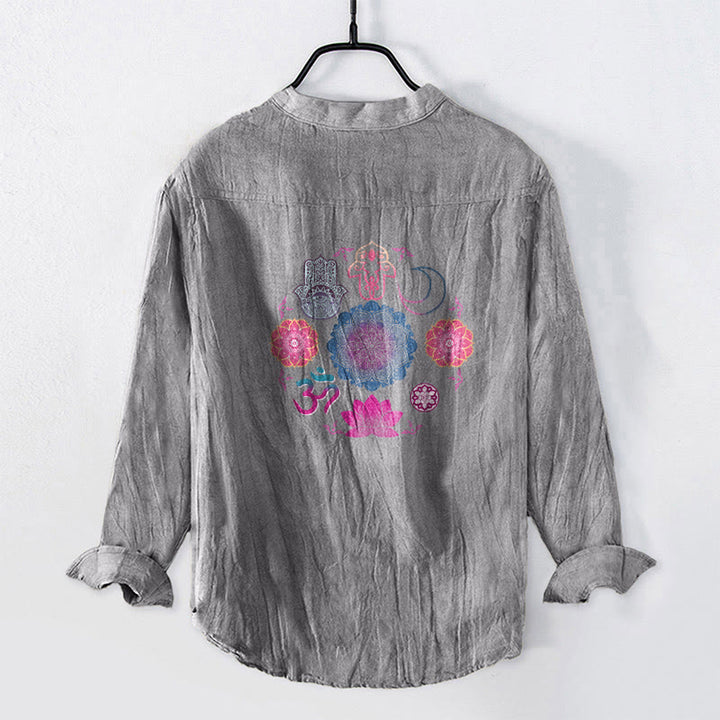 Buddha Stones Mandala-Om-Lotus-Hamsa-Hände-Halbknopf-Herren-Langarmhemd aus Baumwollleinen - image 8