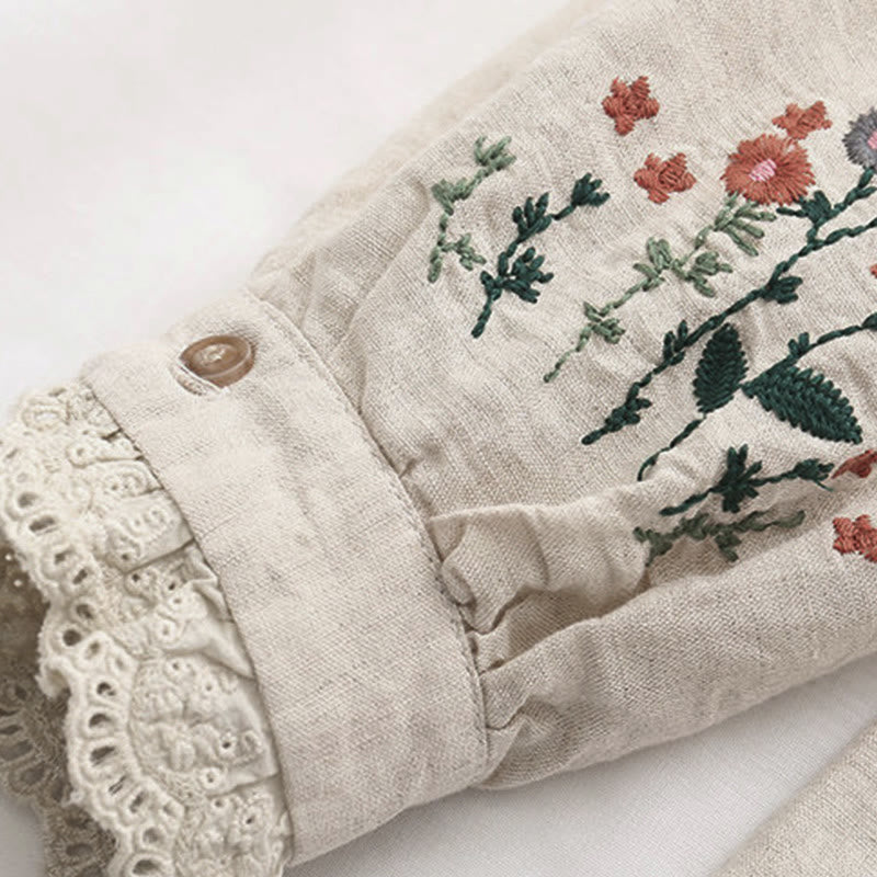 Buddha Stones ​​Herbst Beige Blumengras Stickerei Knöpfe Damen Baumwolle Langarmhemd - image 6