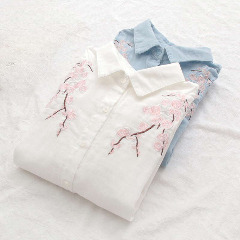 Buddha Stones, Herbstrosa Pflaumenblüten, Stickereiknöpfe, Damen-Baumwoll-Langarmshirt - image 15