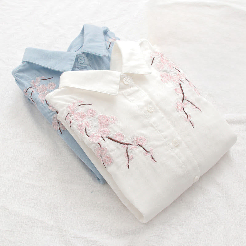 Buddha Stones, Herbstrosa Pflaumenblüten, Stickereiknöpfe, Damen-Baumwoll-Langarmshirt - image 14