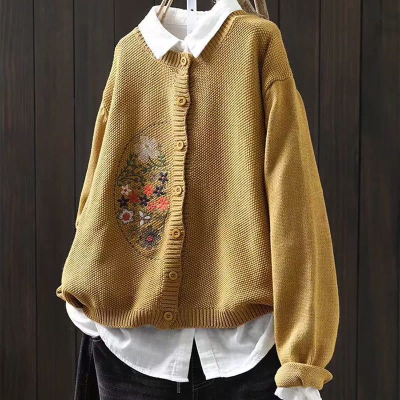 Strickcardigan mit Buddha Stones, Blumenstickerei und Knöpfen aus Baumwolle, Damen, langärmelig - Gold - US4-6, UK/AU8-10, EU36-38 (F) - image 2