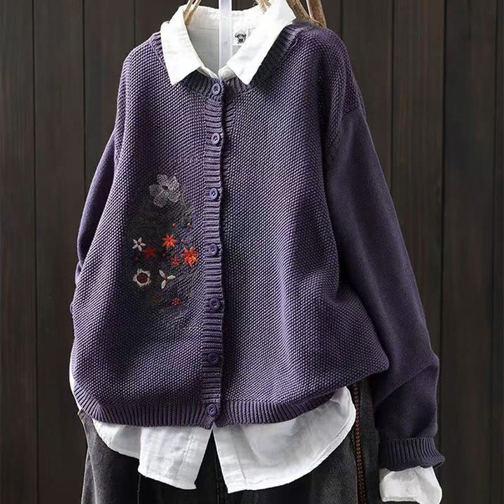 Strickcardigan mit Buddha Stones, Blumenstickerei und Knöpfen aus Baumwolle, Damen, langärmelig - Dunkelviolett - US4-6, UK/AU8-10, EU36-38 (F) - image 4