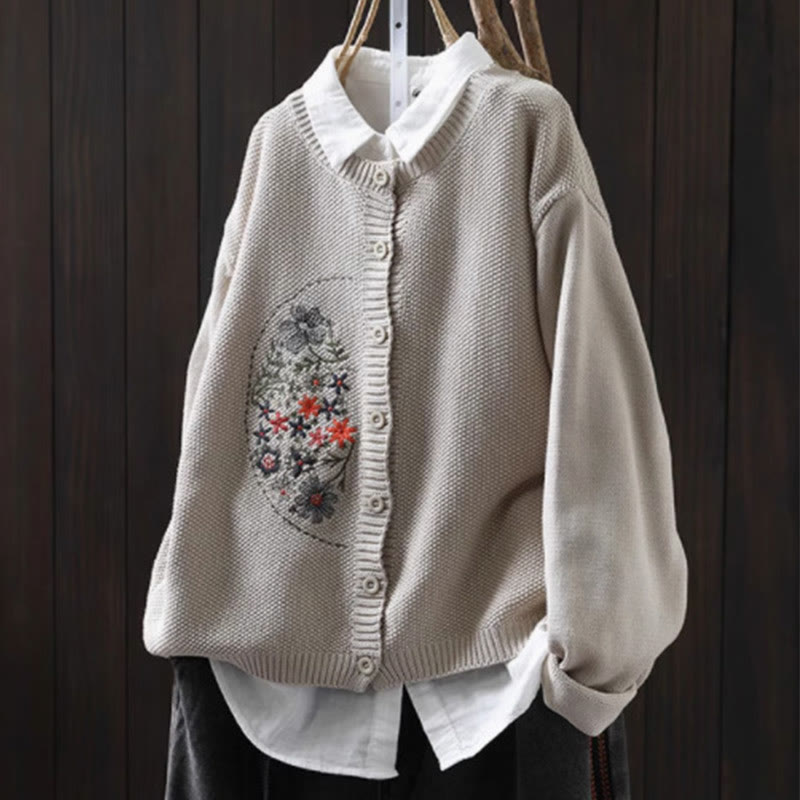 Strickcardigan mit Buddha Stones, Blumenstickerei und Knöpfen aus Baumwolle, Damen, langärmelig - Leinen - US4-6, UK/AU8-10, EU36-38 (F) - image 14