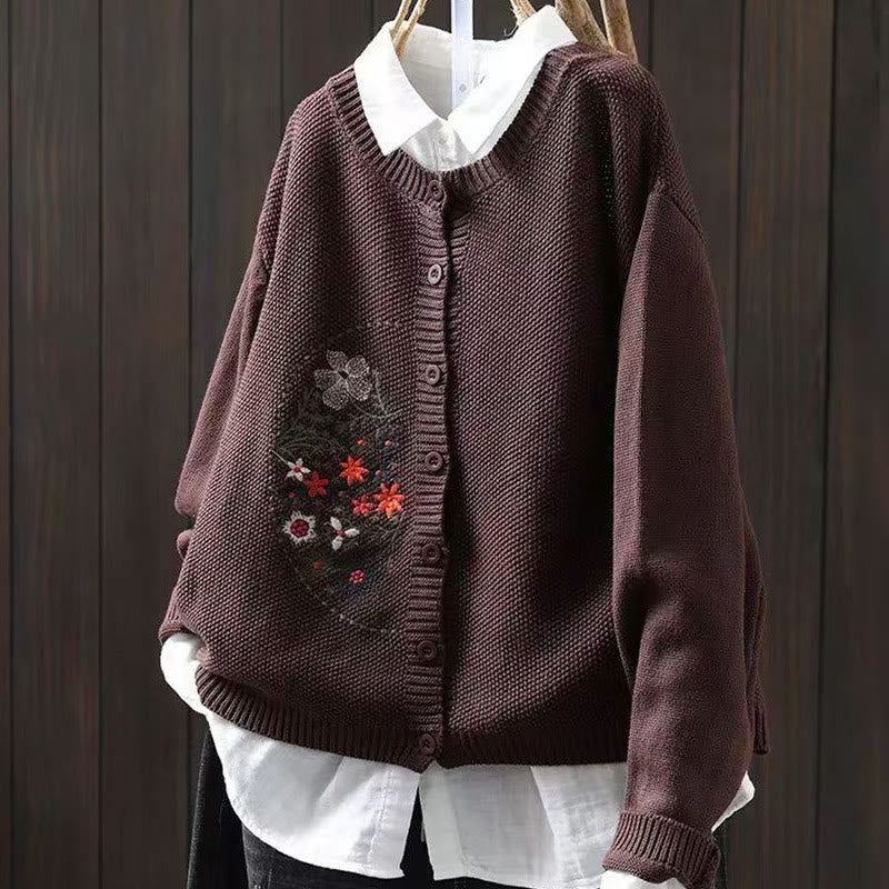 Strickcardigan mit Buddha Stones, Blumenstickerei und Knöpfen aus Baumwolle, Damen, langärmelig - Sattelbraun - US4-6, UK/AU8-10, EU36-38 (F) - image 16