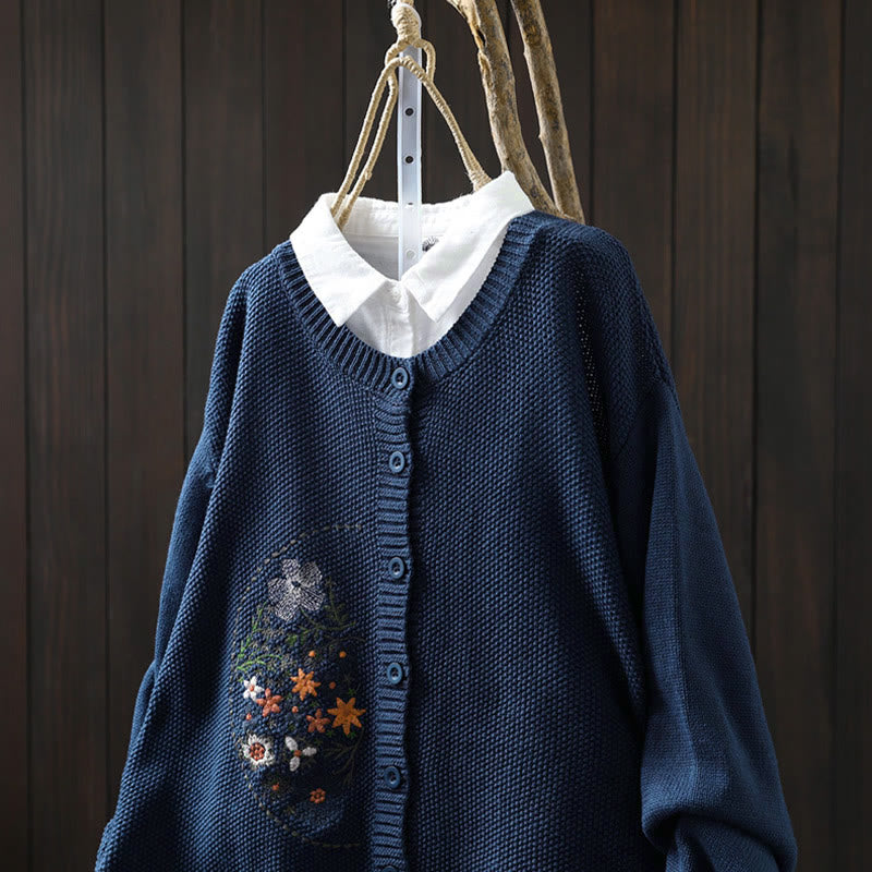 Strickcardigan mit Buddha Stones, Blumenstickerei und Knöpfen aus Baumwolle, Damen, langärmelig - image 1