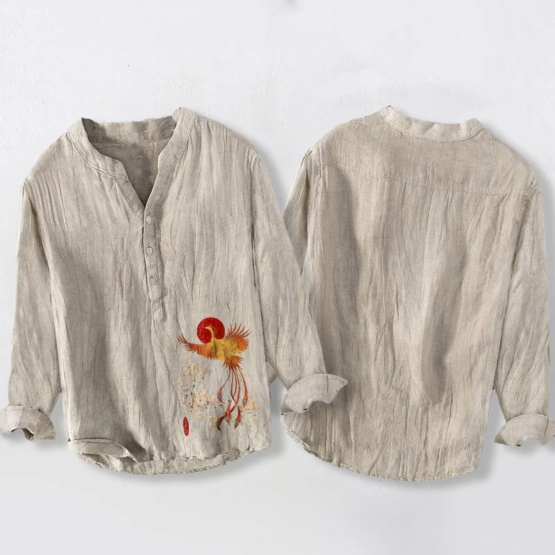 Herren-Langarmhemd aus Baumwolle und Leinen mit Buddha Stones, Phönix-Rot, Sonnen- und Wolkenmuster sowie halben Knöpfen. - image 5