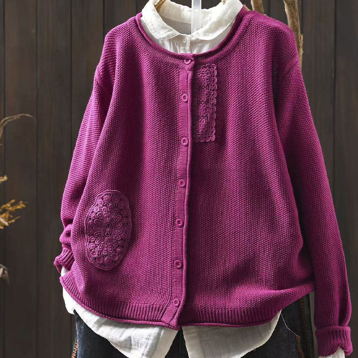 Buddha Stones, Herbstblumenknöpfe, Baumwoll-Strickjacke für Damen, langärmelig, Strickmuster - Mittelviolettrot - US4-6, UK/AU8-10, EU36-38 (F) - image 0