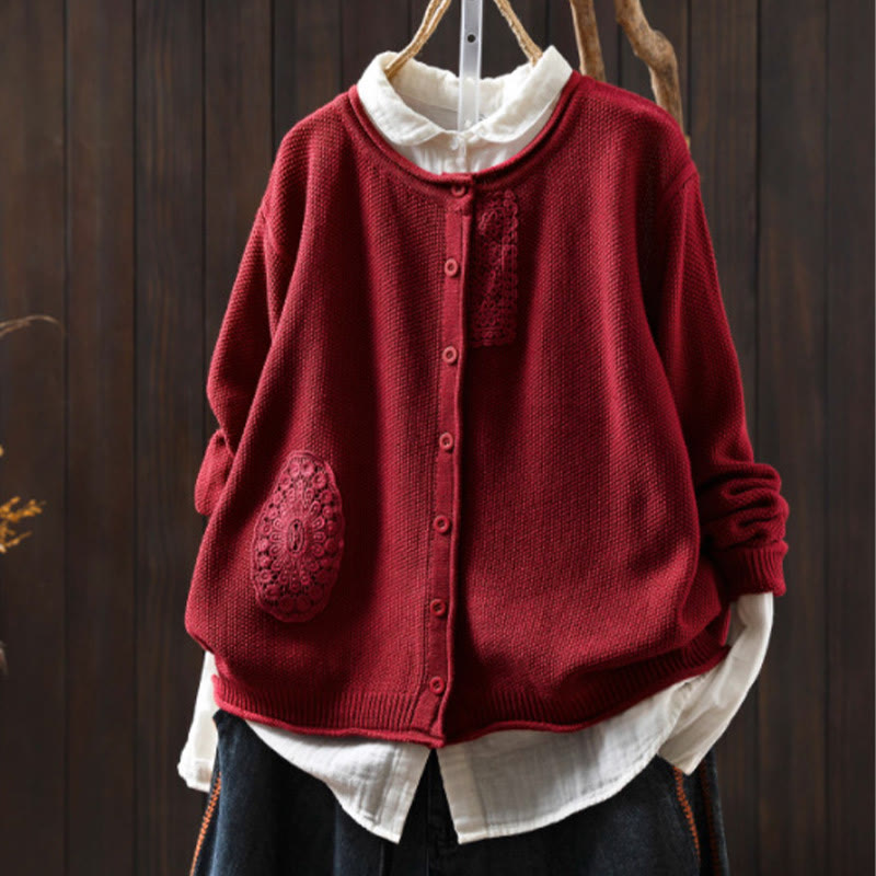 Buddha Stones, Herbstblumenknöpfe, Baumwoll-Strickjacke für Damen, langärmelig, Strickmuster - Rot - US4-6, UK/AU8-10, EU36-38 (F) - image 16
