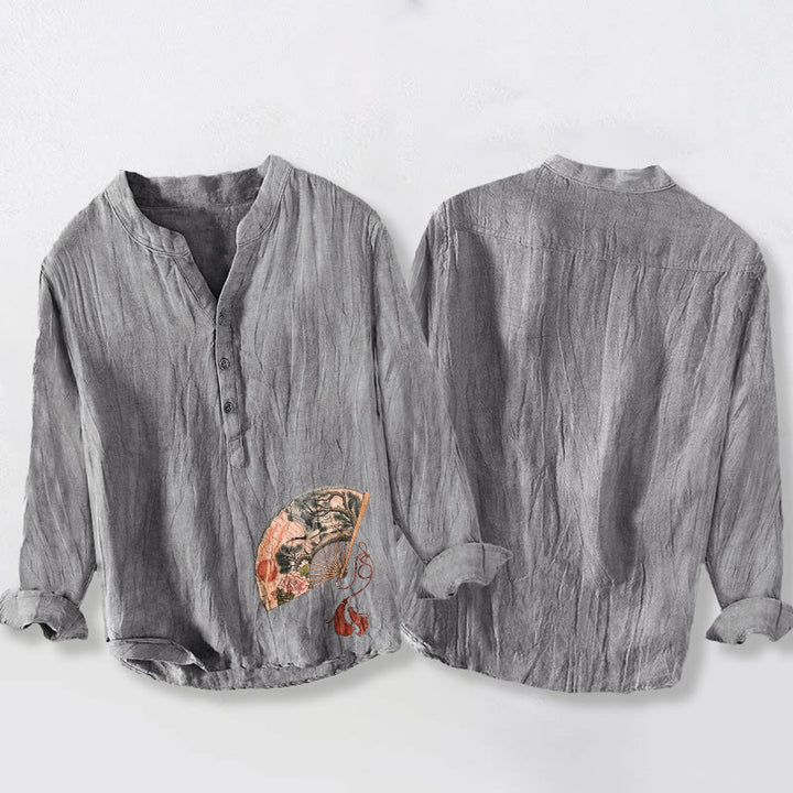 Buddha Stones, Fächer, Kranich, Kiefer, Pfingstrose, rote Sonne, Herren-Langarmhemd aus Baumwolle und Leinen mit halben Knöpfen - image 2
