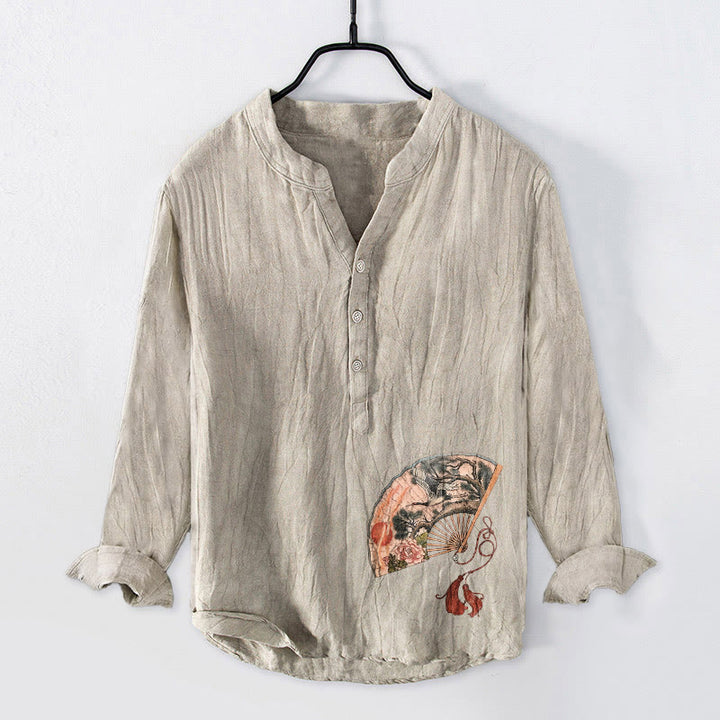 Buddha Stones, Fächer, Kranich, Kiefer, Pfingstrose, rote Sonne, Herren-Langarmhemd aus Baumwolle und Leinen mit halben Knöpfen - Leinen - US/ UK/AU50, EU60 (5XL) - image 3