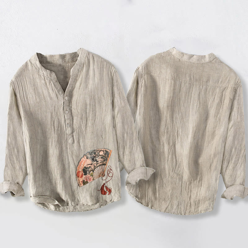 Buddha Stones, Fächer, Kranich, Kiefer, Pfingstrose, rote Sonne, Herren-Langarmhemd aus Baumwolle und Leinen mit halben Knöpfen - image 5