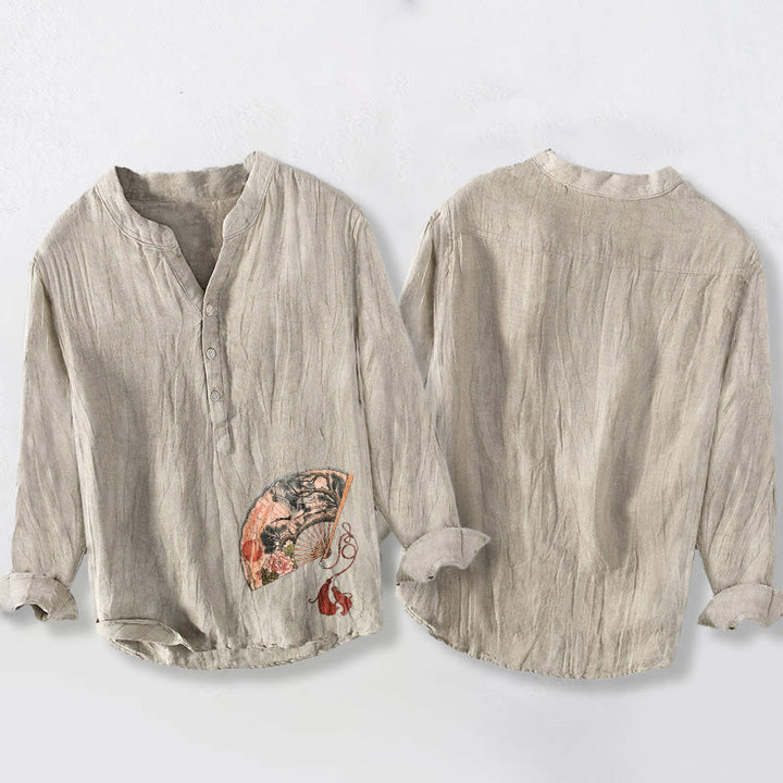 Buddha Stones, Fächer, Kranich, Kiefer, Pfingstrose, rote Sonne, Herren-Langarmhemd aus Baumwolle und Leinen mit halben Knöpfen - image 5