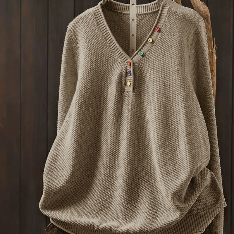 Buddha Stones ​​Herbstfarbene Knöpfe V-Ausschnitt Baumwolle Damen Langarm Strickpullover - Dunkelkhaki - US4-6, UK/AU8-10, EU36-38 (F) - image 0