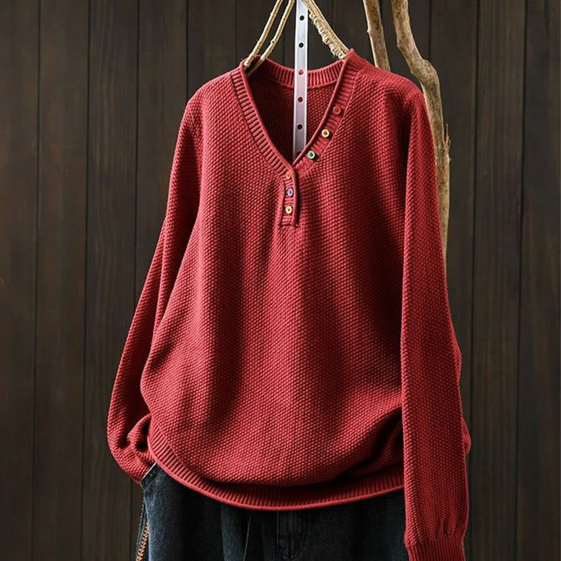Buddha Stones ​​Herbstfarbene Knöpfe V-Ausschnitt Baumwolle Damen Langarm Strickpullover - Rot - US4-6, UK/AU8-10, EU36-38 (F) - image 13