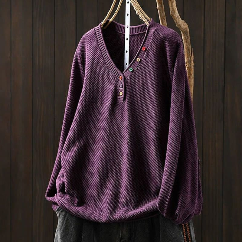 Buddha Stones ​​Herbstfarbene Knöpfe V-Ausschnitt Baumwolle Damen Langarm Strickpullover - Lila - US4-6, UK/AU8-10, EU36-38 (F) - image 11