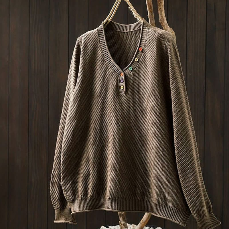 Buddha Stones ​​Herbstfarbene Knöpfe V-Ausschnitt Baumwolle Damen Langarm Strickpullover - Peru - US4-6, UK/AU8-10, EU36-38 (F) - image 16