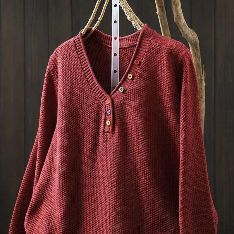 Buddha Stones ​​Herbstfarbene Knöpfe V-Ausschnitt Baumwolle Damen Langarm Strickpullover - image 14