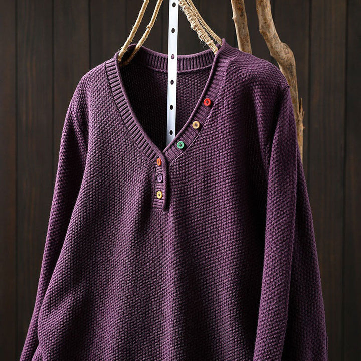 Buddha Stones ​​Herbstfarbene Knöpfe V-Ausschnitt Baumwolle Damen Langarm Strickpullover - image 12