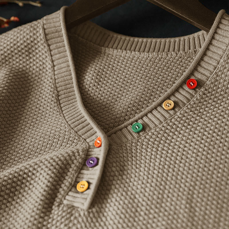 Buddha Stones ​​Herbstfarbene Knöpfe V-Ausschnitt Baumwolle Damen Langarm Strickpullover - image 3