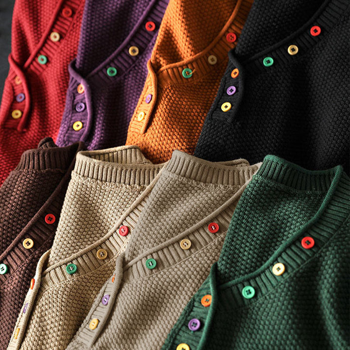 Buddha Stones ​​Herbstfarbene Knöpfe V-Ausschnitt Baumwolle Damen Langarm Strickpullover - image 21