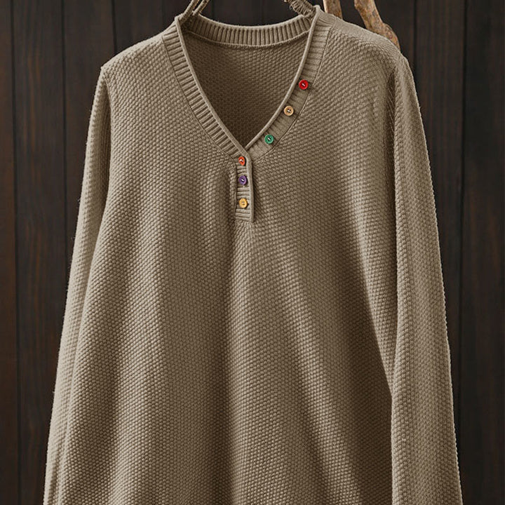 Buddha Stones ​​Herbstfarbene Knöpfe V-Ausschnitt Baumwolle Damen Langarm Strickpullover - image 1