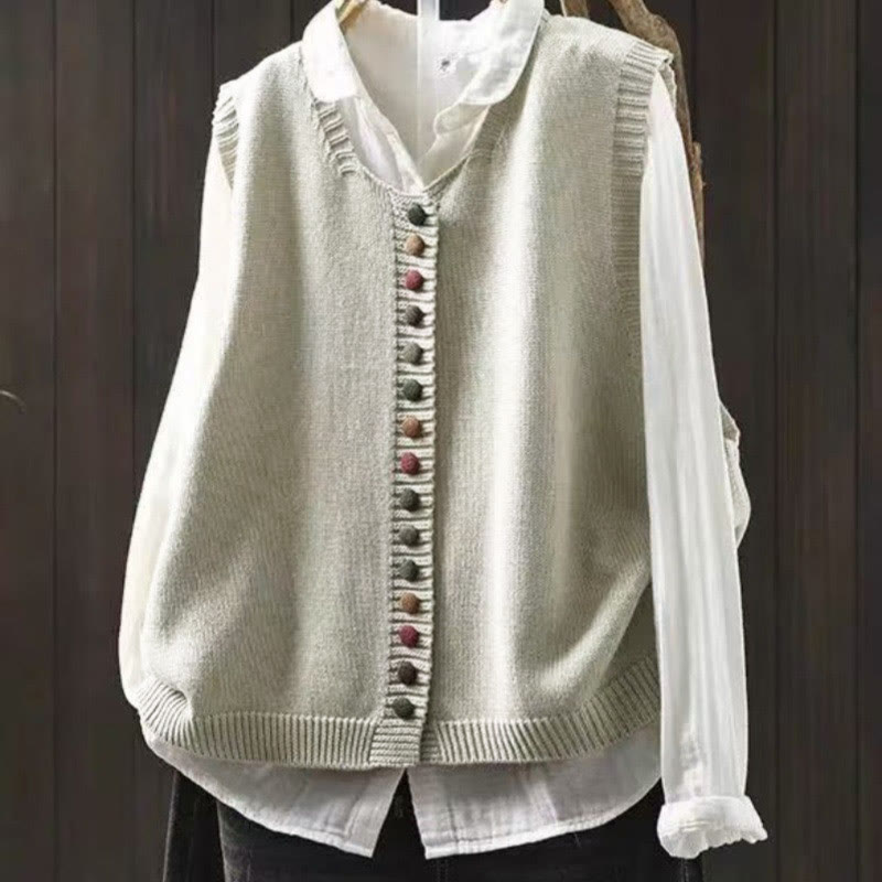 Ärmellose Strickweste für Damen mit Buddha Stones und bunten Knöpfen - Muschel - US4-6, UK/AU8-10, EU36-38 (F) - image 0