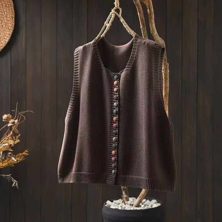 Ärmellose Strickweste für Damen mit Buddha Stones und bunten Knöpfen - Sattelbraun - US4-6, UK/AU8-10, EU36-38 (F) - image 3