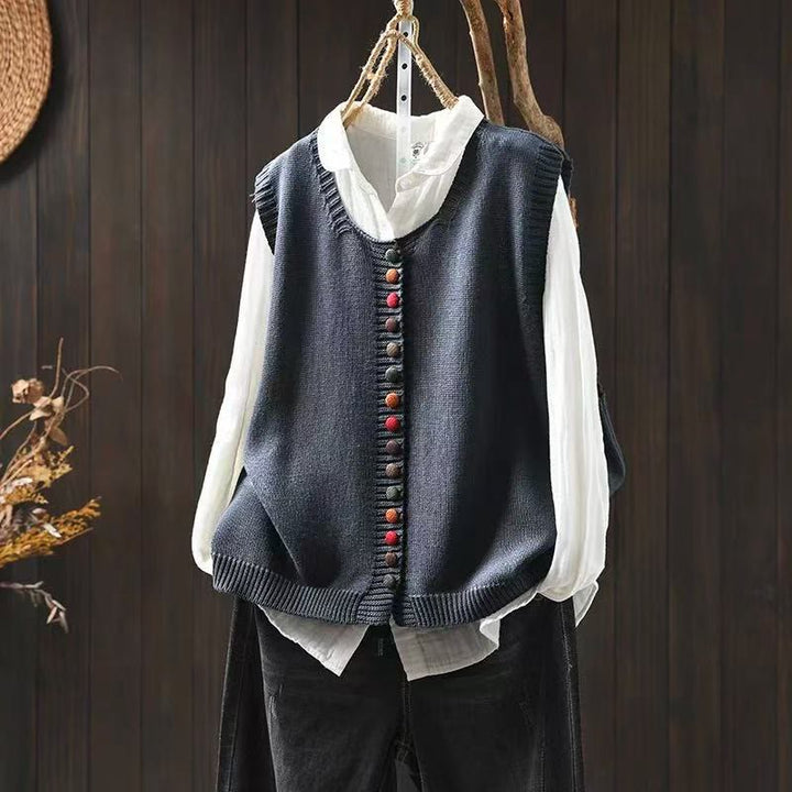 Ärmellose Strickweste für Damen mit Buddha Stones und bunten Knöpfen - Schiefergrau - US4-6, UK/AU8-10, EU36-38 (F) - image 9