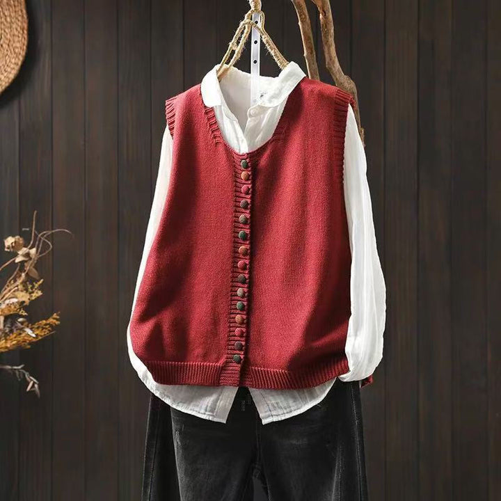 Ärmellose Strickweste für Damen mit Buddha Stones und bunten Knöpfen - Rot - US4-6, UK/AU8-10, EU36-38 (F) - image 5