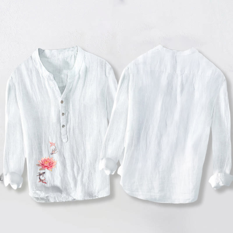 Herren-Langarmhemd aus Baumwoll-Leinen-Mischgewebe mit Buddha Stones -Motiv, Lotus-Koi-Fisch-Muster in sanften Farben und halben Knöpfen. - image 8