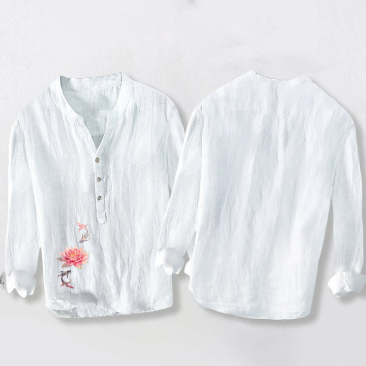 Herren-Langarmhemd aus Baumwoll-Leinen-Mischgewebe mit Buddha Stones -Motiv, Lotus-Koi-Fisch-Muster in sanften Farben und halben Knöpfen. - image 8