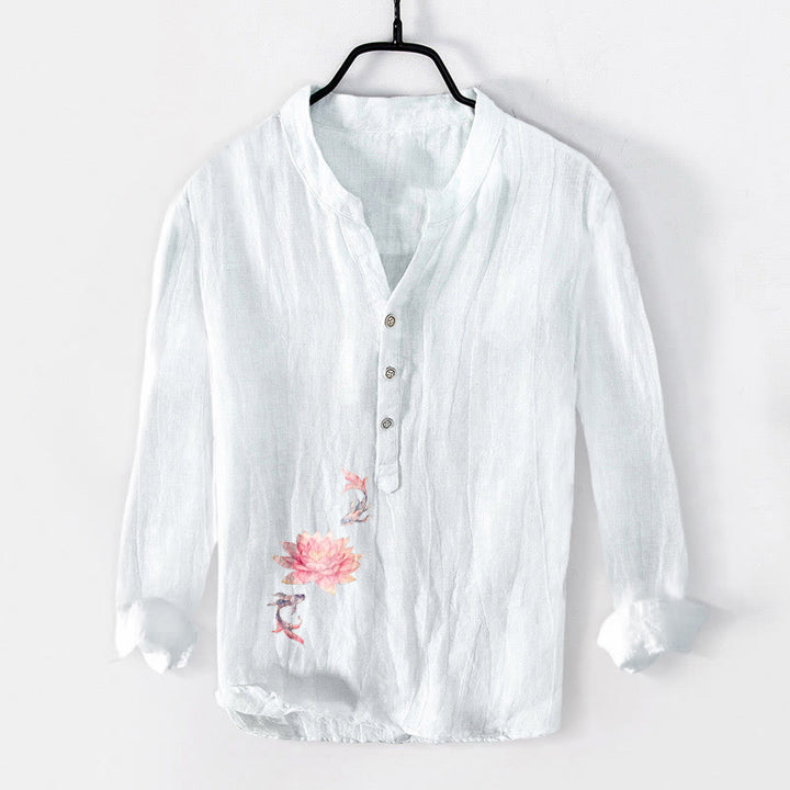 Herren-Langarmhemd aus Baumwoll-Leinen-Mischgewebe mit Buddha Stones -Motiv, Lotus-Koi-Fisch-Muster in sanften Farben und halben Knöpfen. - Weiß - US/ UK/AU50, EU60 (5XL) - image 6